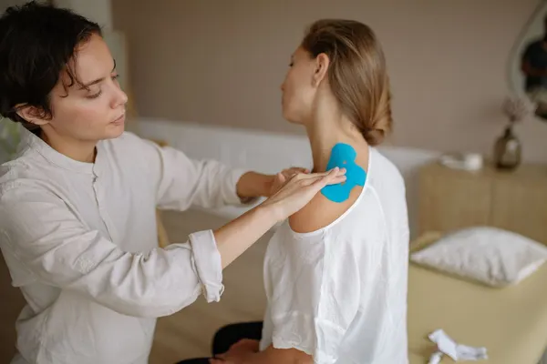 Therapeutin legt einer Patientin ein Kinesiotape an der Schulter an